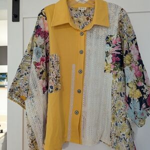 POL M Floral Patchwork Button-Up Shirt